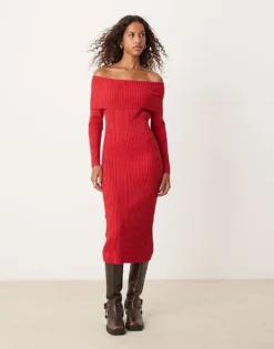 Glamorous Off Shoulder Bodycon Maxi Knitted Dress In Red For Women -Glamorous Shop 206726348 1 red 1
