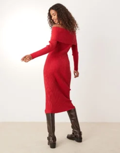 Glamorous Off Shoulder Bodycon Maxi Knitted Dress In Red For Women -Glamorous Shop 206726348 3
