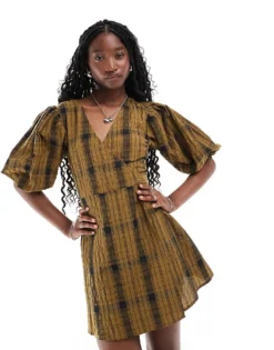 Glamorous V Neck Mini Wrap Smock Dress In Orange Check For Women