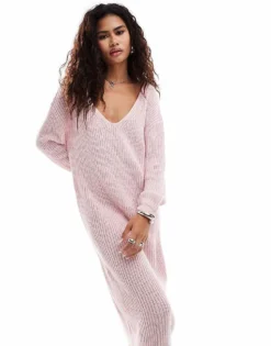 Glamorous Rib Knit V Neck Midi Dress In Soft Pink For Women