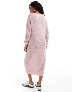Glamorous Rib Knit V Neck Midi Dress In Soft Pink For Women -Glamorous Shop 206726412 3