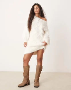 Glamorous Fluffy Argyle Cream Knitted Mini Jumper Dress For Women