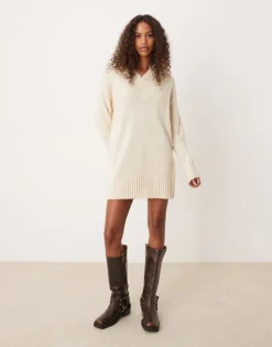 Glamorous Rib V Neck Slouchy Jumper Dress In Cream Knit For Women -Glamorous Shop 206726464 1 cream 1