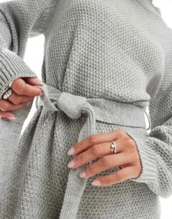 Glamorous Rib Knit Tie Waist Mini Knitted Dress In Grey Marl For Women -Glamorous Shop 206726503 4