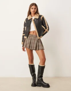 Glamorous Black Contrast Shearling Aviator Coat For Women