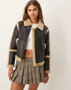 Glamorous Black Contrast Shearling Aviator Coat For Women -Glamorous Shop 206756922 3