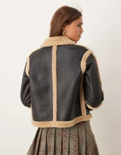 Glamorous Black Contrast Shearling Aviator Coat For Women -Glamorous Shop 206756922 4