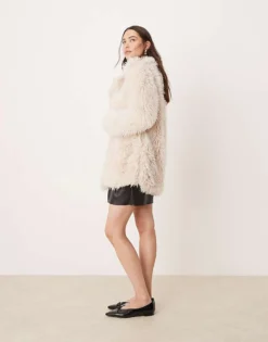 Glamorous Fluffy Faux Fur Boxy Coat For Women Light Stone