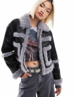 Glamorous Boxy Purple Sherling Contrast Coat For Women Black Steel Grey -Glamorous Shop 206756996 1 blacksteelgrey 1