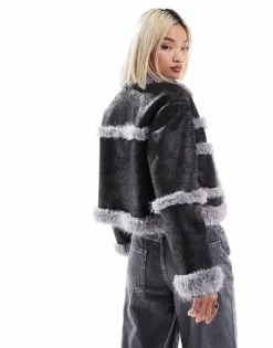 Glamorous Boxy Purple Sherling Contrast Coat For Women Black Steel Grey -Glamorous Shop 206756996 4