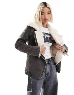 Glamorous Buckle Collar Detail Cream Brown Aviator Coat For Women Brown Cream