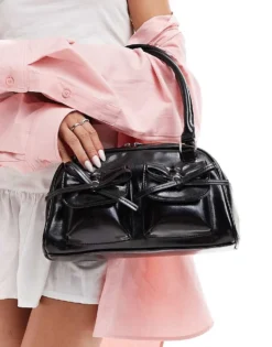 Glamorous Top Handle Bow Detail Pocket Bag In Black Patent For Women -Glamorous Shop 206776095 1 black 1