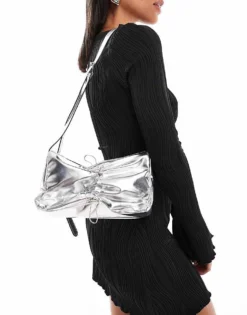 Glamorous Rouched Crossbody Bow Bag In Silver For Women