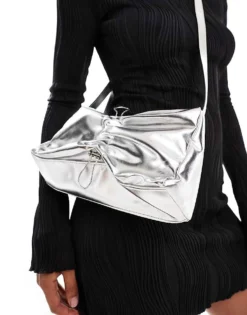 Glamorous Rouched Crossbody Bow Bag In Silver For Women -Glamorous Shop 206776161 3