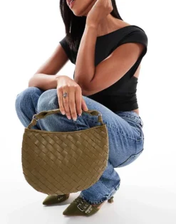 Glamorous Woven Texture Grab Bag In Olive Green For Women Dark Green