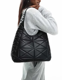 Glamorous Quilted Textured Shoulder Tote Bag In Black For Women