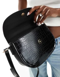 Glamorous Croc Effect Crossbody Flap Bag In Black For Women -Glamorous Shop 206776188 3