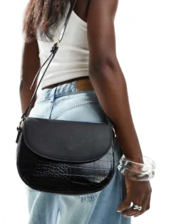 Glamorous Croc Effect Crossbody Flap Bag In Black For Women -Glamorous Shop 206776188 4