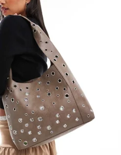 Glamorous Studded Shoulder Tote Bag In Washed Grey For Women -Glamorous Shop 206776199 1 grey 1