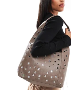 Glamorous Studded Shoulder Tote Bag In Washed Grey For Women -Glamorous Shop 206776199 3
