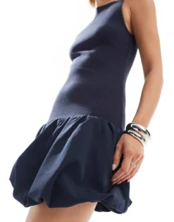 Glamorous Knit High Neck Mini Dress With Bubble Hem In Navy For Women -Glamorous Shop 206794458 4