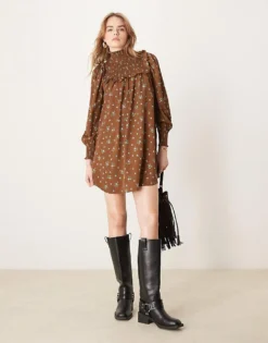 Glamorous Shirred Neck Mini Smock Dress In Brown Blue Floral For Women Brown Vintage Floral -Glamorous Shop 206794459 1 brownvintagefloral 1