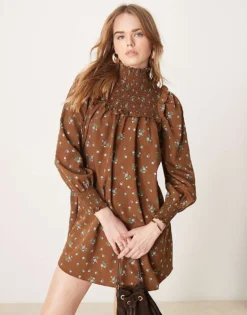 Glamorous Shirred Neck Mini Smock Dress In Brown Blue Floral For Women Brown Vintage Floral -Glamorous Shop 206794459 3