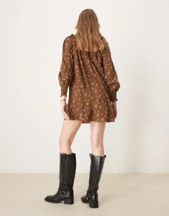 Glamorous Shirred Neck Mini Smock Dress In Brown Blue Floral For Women Brown Vintage Floral -Glamorous Shop 206794459 4