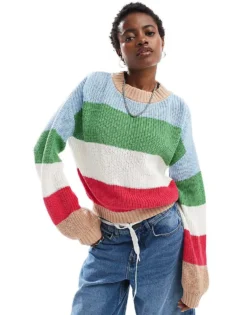 Glamorous Chunky Boxy Fit Knitted Jumper In Multi Stripe For Women