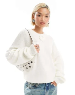 Glamorous Relaxed Knitted Jumper With Rosette Detail In Cream For Women -Glamorous Shop 206794541 1 cream 1