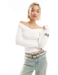 Glamorous V Neck Ribbed Long Sleeve Top In White For Women -Glamorous Shop 206794573 1 white 1