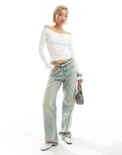 Glamorous V Neck Ribbed Long Sleeve Top In White For Women -Glamorous Shop 206794573 3