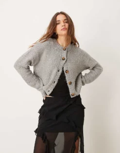Glamorous Chunky Boxy Crop Knit Cardigan In Grey Marl For Women