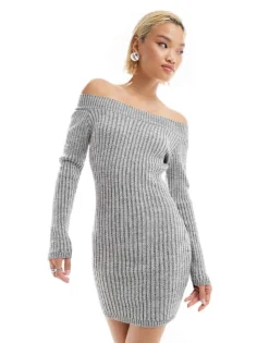 Glamorous Boat Neck Knitted Mini Dress In Grey Marl For Women
