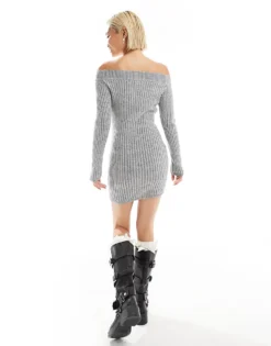 Glamorous Boat Neck Knitted Mini Dress In Grey Marl For Women -Glamorous Shop 206794630 3