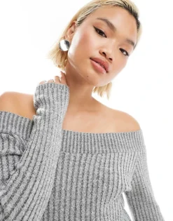 Glamorous Boat Neck Knitted Mini Dress In Grey Marl For Women -Glamorous Shop 206794630 4