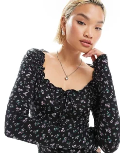 Glamorous Ruched Scoop Long Sleeve Jersey Mini Dress In Lilac Bud Floral For Women Black Lilac Floral -Glamorous Shop 206794631 4