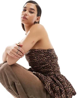 Glamorous Bandeau Bubble Hem Top In Leopard For Women -Glamorous Shop 206794664 3