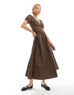 Glamorous V Neck Puff Sleeve Romantic Maxi Dress In Chocolate Black Stripe For Women Brown Black Stripe -Glamorous Shop 206794673 1 brownblackstripe 1