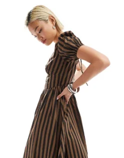 Glamorous V Neck Puff Sleeve Romantic Maxi Dress In Chocolate Black Stripe For Women Brown Black Stripe -Glamorous Shop 206794673 4