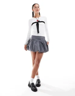 Glamorous Mid Rise Puff Ball Mini Skirt With Bow Detail In Slate Grey For Women -Glamorous Shop 206794686 1 slategrey 1