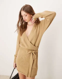 Glamorous Wrap Knitted Mini Dress In Khaki For Women Light Khaki