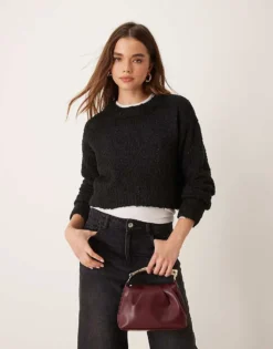 Glamorous Boxy Fit Jumper In Fluffy Black Knit For Women