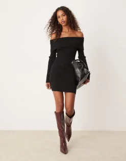 Glamorous Off Shoulder Black Knitted Mini Dress For Women