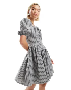 Glamorous Scoop Neck Bow Detail Mini Romantic Dress In Black Stripe For Women