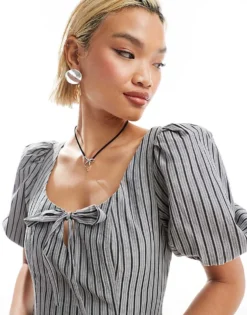 Glamorous Scoop Neck Bow Detail Mini Romantic Dress In Black Stripe For Women -Glamorous Shop 206794767 3