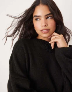 Glamorous Relaxed Knitted Jumper With Rosette Detail In Black For Women -Glamorous Shop 206918202 1 black 1
