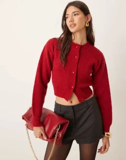 Glamorous Fitted Cardigan In Red With Heart Buttons For Women True Red