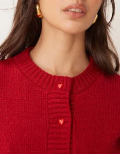 Glamorous Fitted Cardigan In Red With Heart Buttons For Women True Red -Glamorous Shop 206918215 3