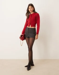Glamorous Fitted Cardigan In Red With Heart Buttons For Women True Red -Glamorous Shop 206918215 4